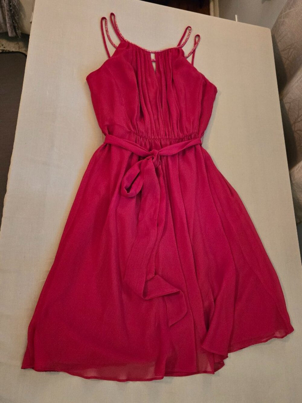 David's Bridal F15421 Apple NWT Dress sz 8 A-line SLVLS CRINK CHIFFON w/ TIE - Picture 7 of 16